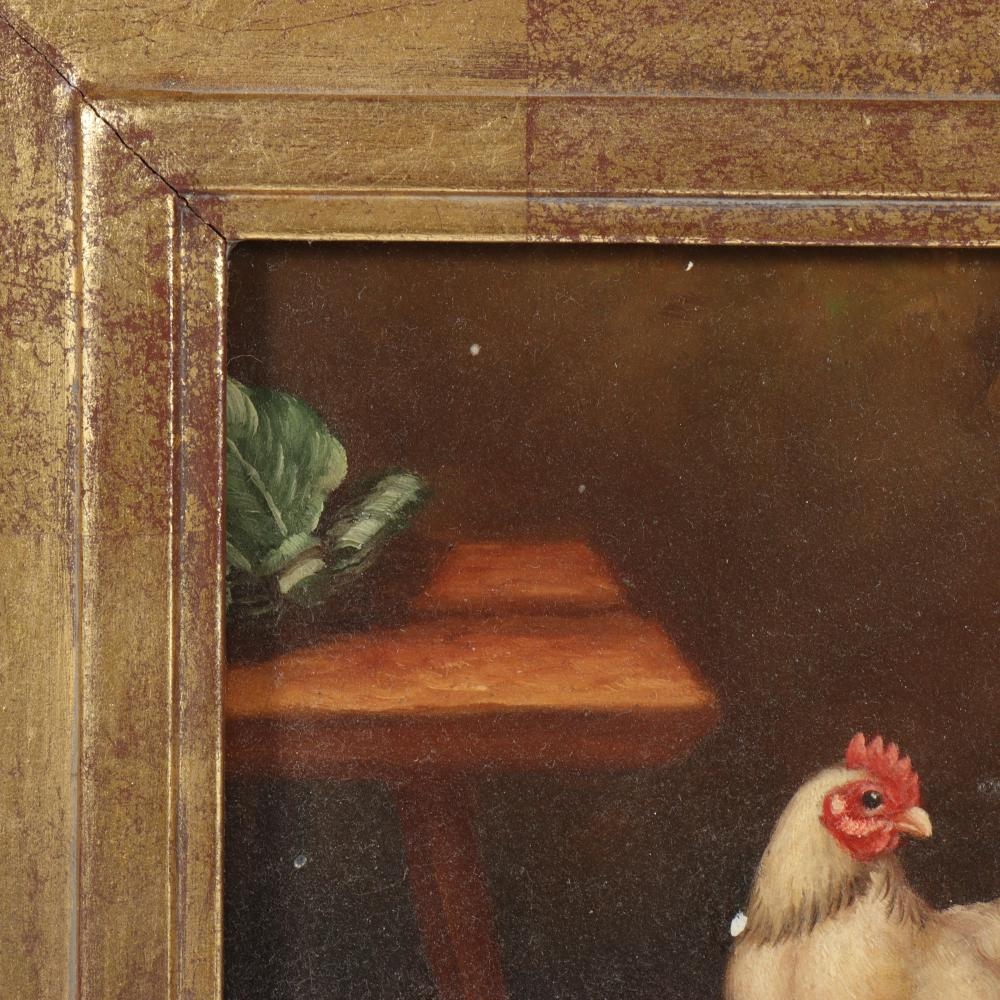 Artwork by Robert Grace, traditional chickens/hens in a barnyard with vegetable basket, Made of oil on board