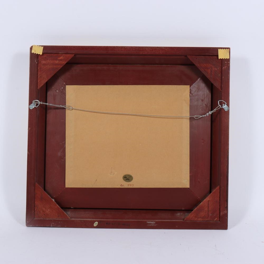 Artwork by Robert Grace, traditional chickens/hens in a barnyard with vegetable basket, Made of oil on board