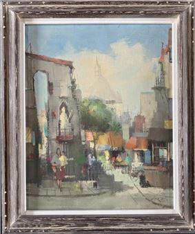 A watercolor street scene capturing a sunlit European town square with figures and architecture.