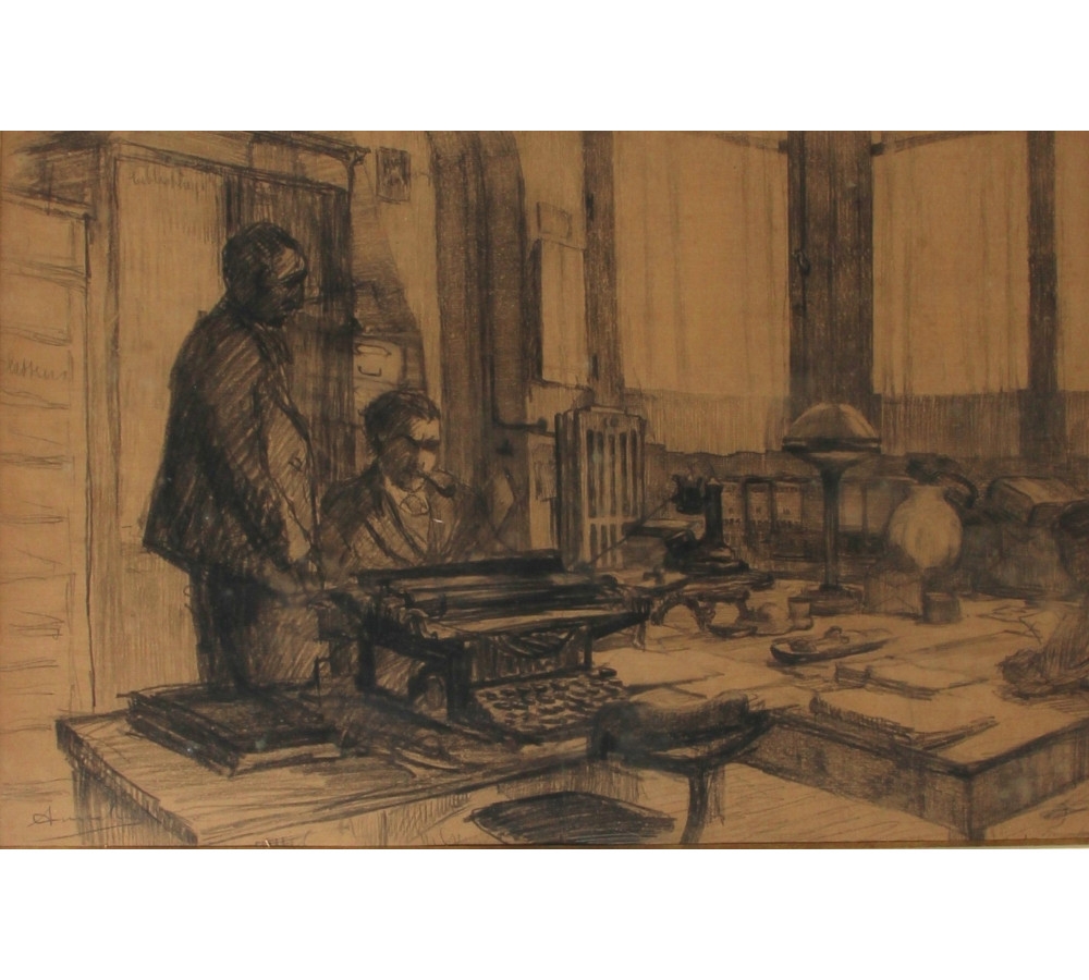 Artwork by Amédée Muselier, Dans la salle de rédaction, Made of pencil drawing