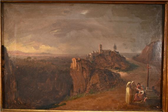 David Roberts | An extensive mountainous landscape with figures by a ...