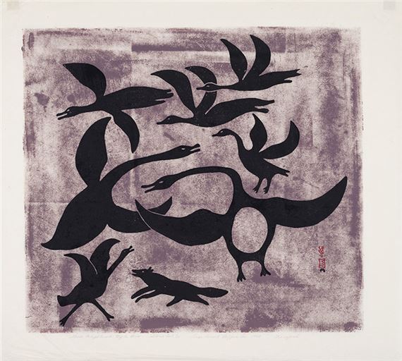 Geese Frightened by a Fox by Kenojuak Ashevak, inscribed "61.2.12"