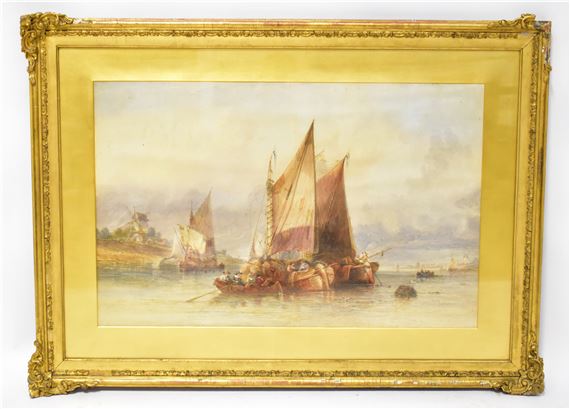 Sidney Paget | A Dutch harbour scene of fishing boats moored at low ...
