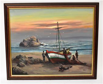 A fishing boat being unloaded by five figures on a shore at sunset - Roger Vee