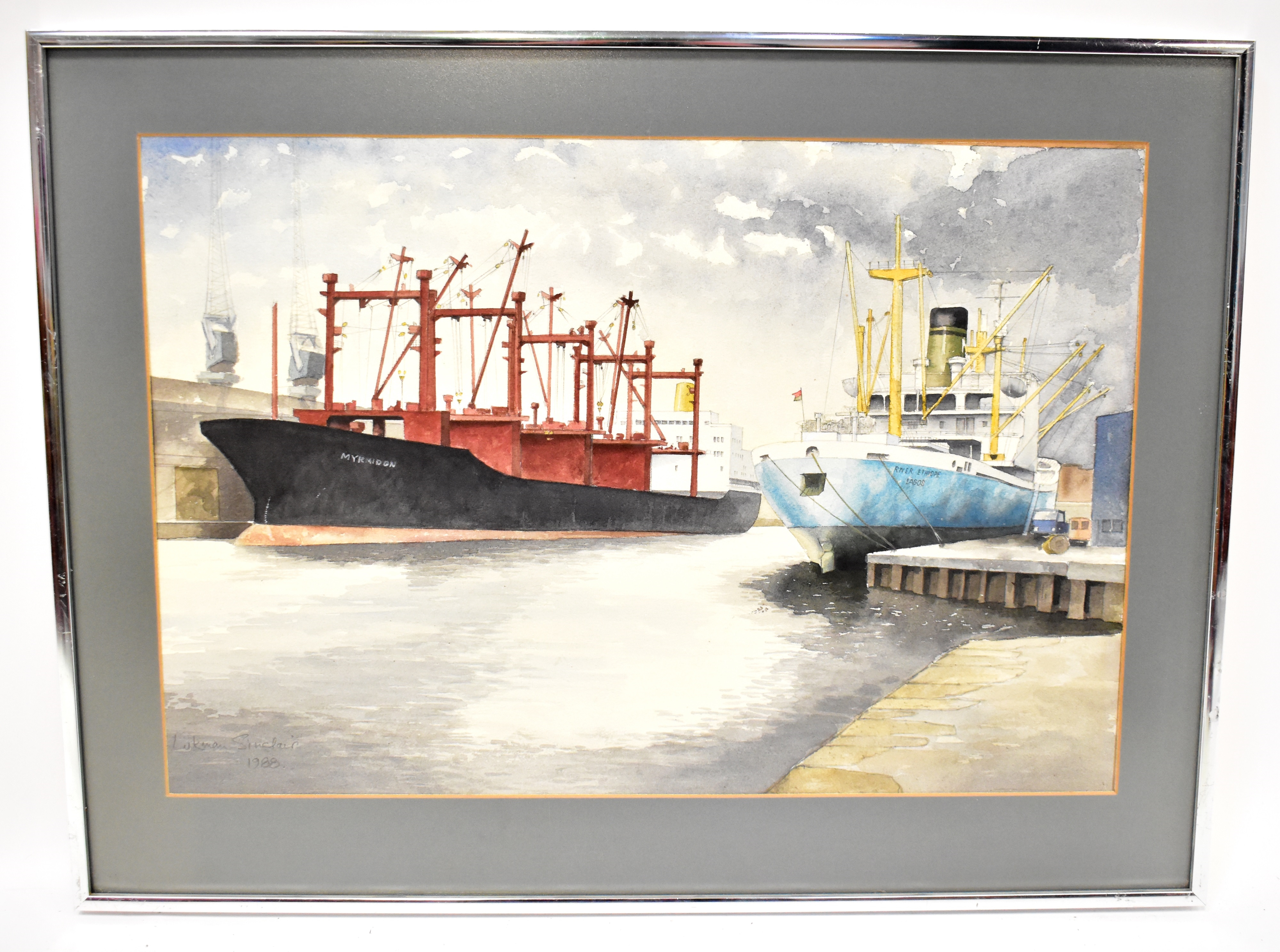 Artwork by Lukman Sinclair, Booker Boats Laid Up and River Ethiope and Myrmidon in Huskisson Dock Liverpool, Made of a pair of watercolours