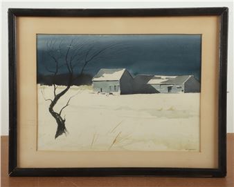 A framed watercolor painting of a bleak winter landscape featuring snow-covered buildings and a bare tree.