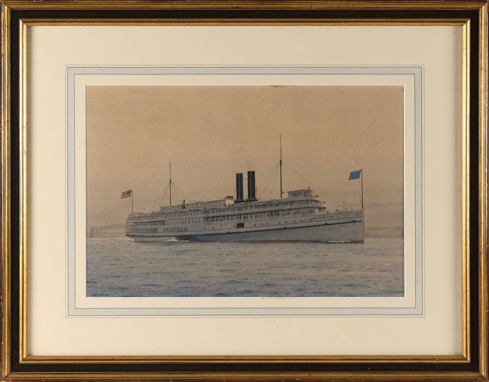 Artwork by Roland Stickney, The paddle steamer Priscilla in a gentle fog, Made of Watercolor and gouache on paper