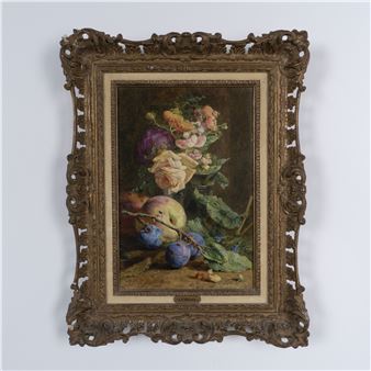 A painting of flowers and fruit in a gold frame on a wall.