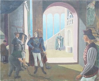 A painting of a man standing in front of a mirror in a room.