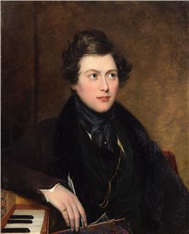 Portrait of the composer William Sterndale Bennett (1816-1875), seated, half-length, holding a quill and paper beside a piano - Thomas Henry Gregg