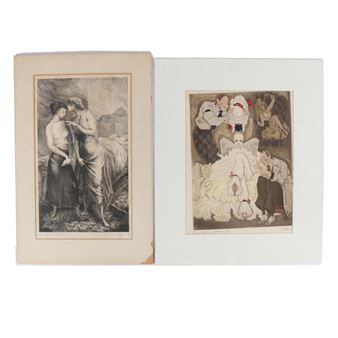 Two 20th c. figural prints: Kurt Hilscher, German (1904 - 1980), Prima Ballerina, etching. Pencil signed lower right. 15 3/4"H x 9 1/4"W(sight), 20"H x 13 1/4"W(mat) - larger - Kurt Hilscher