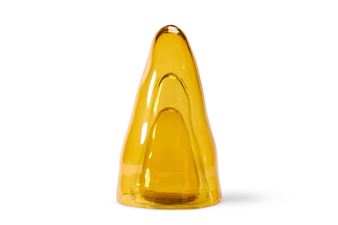 A smooth, translucent amber sculpture with a conical shape and internal ridges.