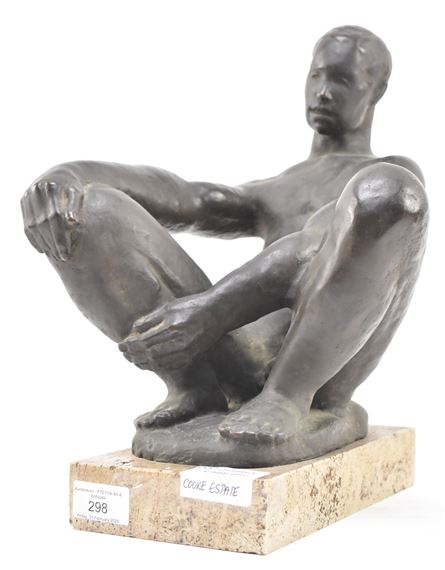 BRONZE SCULPTURE OF YOUNG SEATED MALE by Siegfried Charoux, 20th century