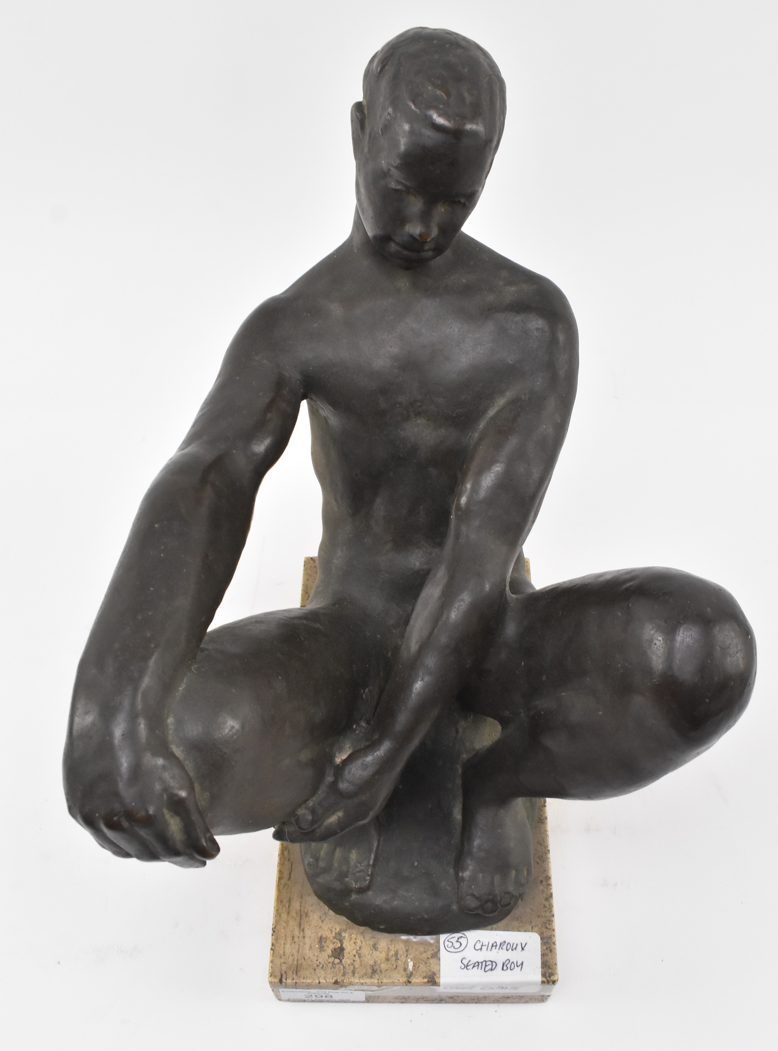 Artwork by Siegfried Charoux, BRONZE SCULPTURE OF YOUNG SEATED MALE, Made of bronze sculpture