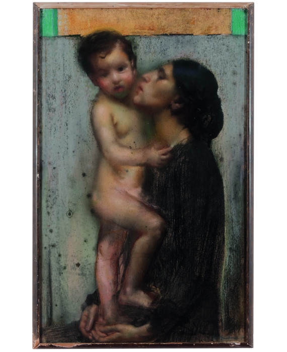 Artwork by Pietro Gaudenzi, Maternità, 1915, Made of Pastelli e foglia oro su carta applicata su tavola