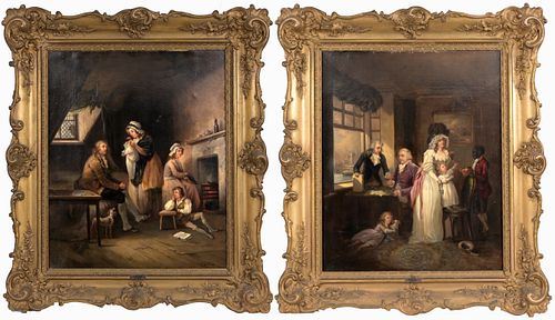 Pair of Interior Scenes, one of wealthy traders other of peasants by Florent Willems