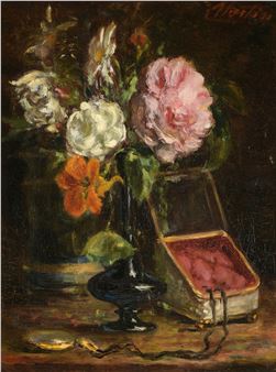 Coffret à bijoux et vase de fleurs sur un entablement - Jean Seignemartin