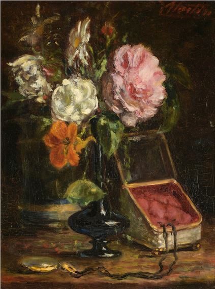 Coffret à bijoux et vase de fleurs sur un entablement - Jean Seignemartin
