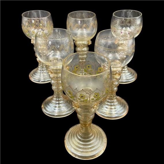 Fritz Heckert | Set of Six Hand-Painted Glasses W/ Decorative Stem