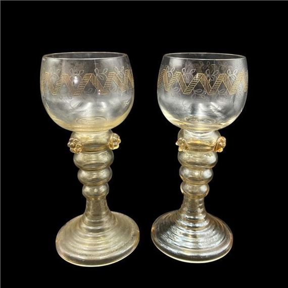 Fritz Heckert | Set of Six Hand-Painted Glasses W/ Decorative Stem