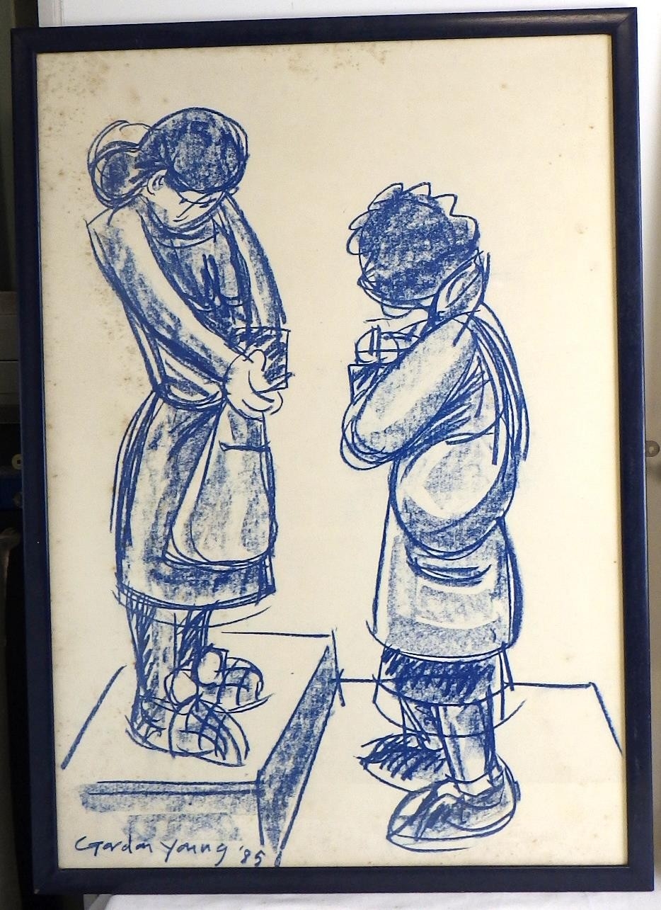 Artwork by Gordon Young, Figure Studies 1 For Foundation Stones, Made of crayon on paper
