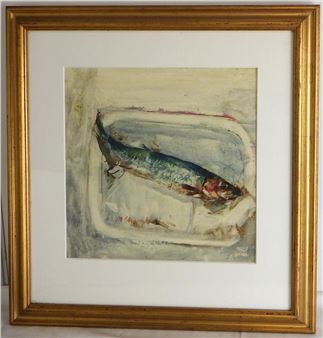 A framed painting of a fish resting in a shallow dish.