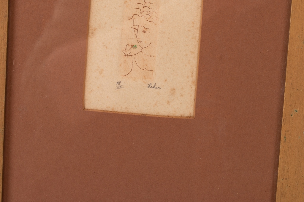 Artwork by Gerard Edward Lehner, Woman with a small bird on her shoulder, Made of etching, paper, wood, glass