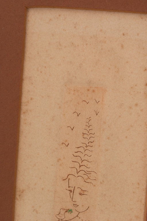 Artwork by Gerard Edward Lehner, Woman with a small bird on her shoulder, Made of etching, paper, wood, glass