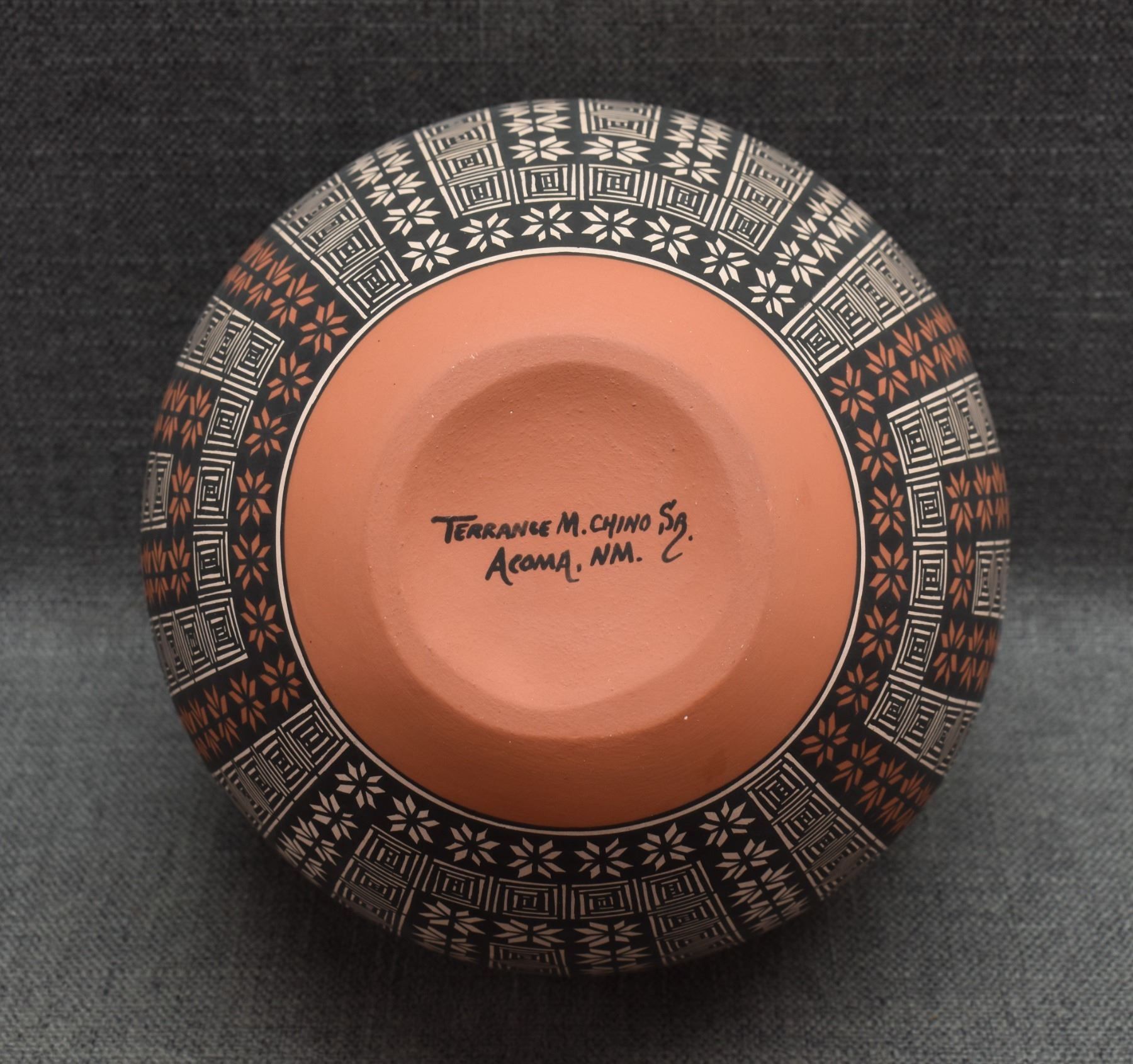 Artwork by Terrance Chino Sr, ACOMA OLLA, Made of pottery, hand coiled with polychrome painted fine line and geometric designs