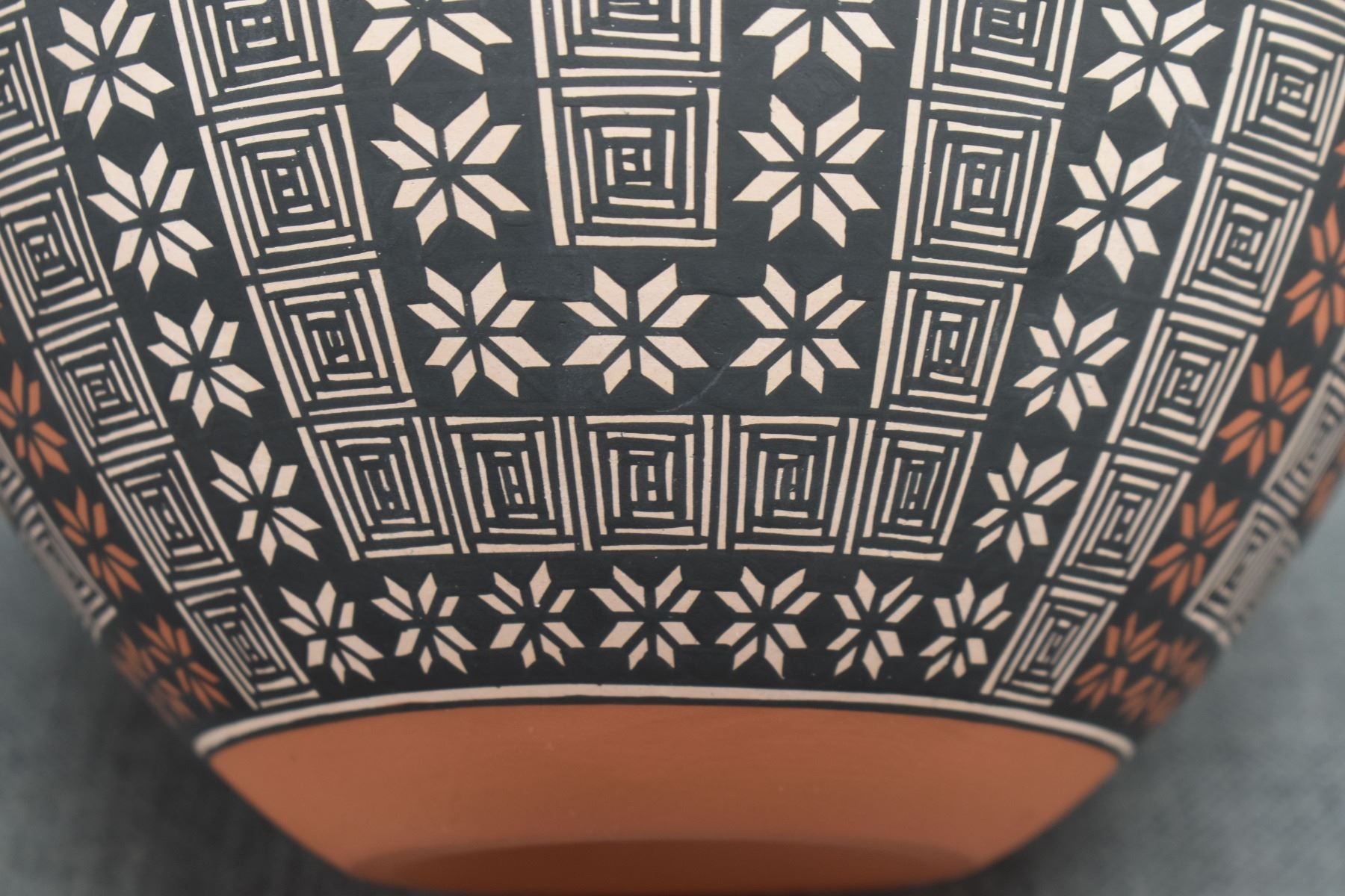 Artwork by Terrance Chino Sr, ACOMA OLLA, Made of pottery, hand coiled with polychrome painted fine line and geometric designs