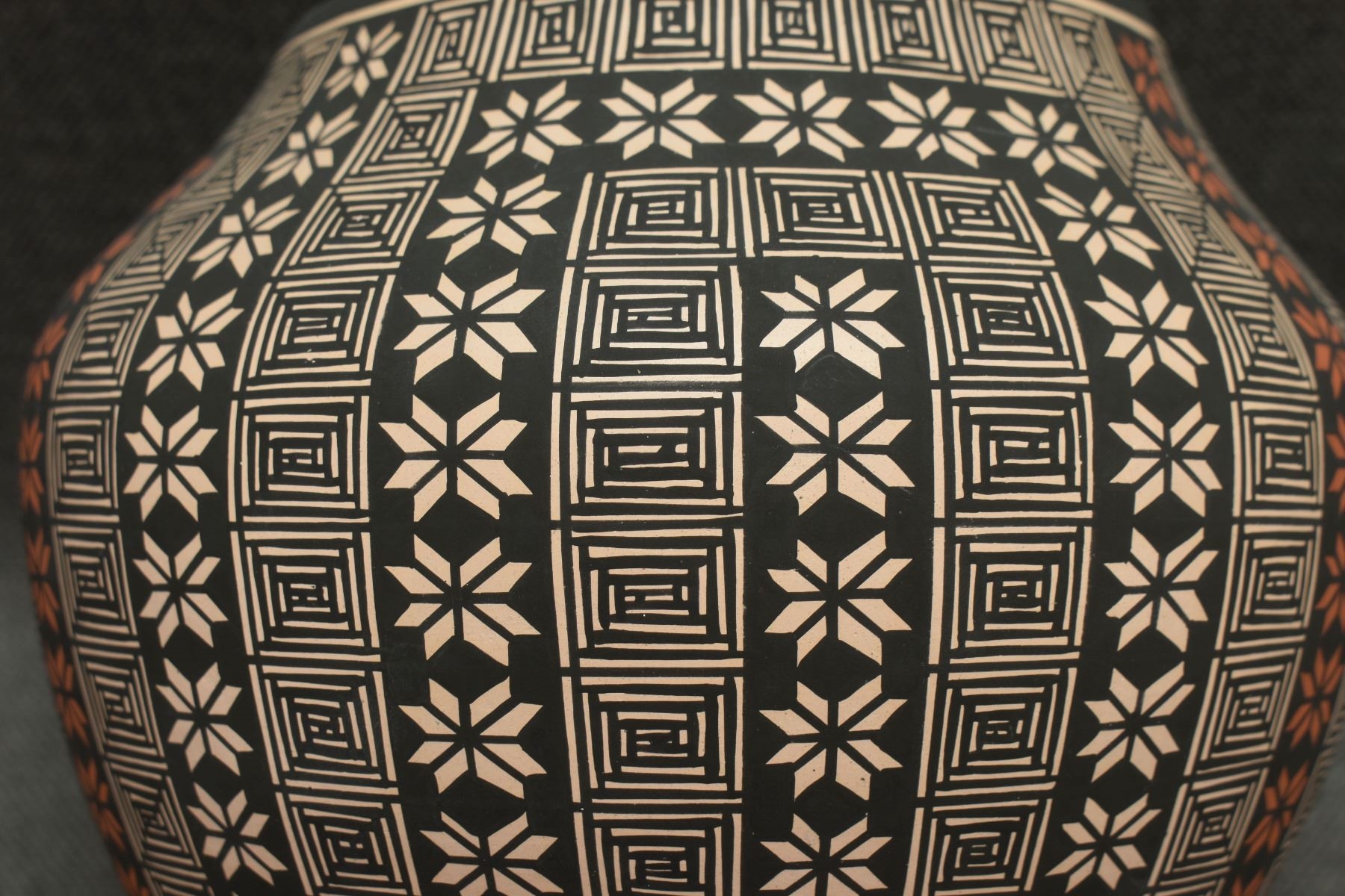 Artwork by Terrance Chino Sr, ACOMA OLLA, Made of pottery, hand coiled with polychrome painted fine line and geometric designs