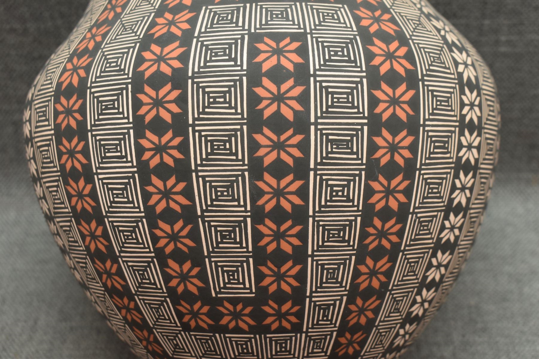 Artwork by Terrance Chino Sr, ACOMA OLLA, Made of pottery, hand coiled with polychrome painted fine line and geometric designs