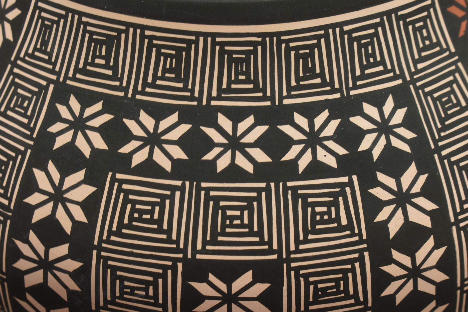 Artwork by Terrance Chino Sr, ACOMA OLLA, Made of pottery, hand coiled with polychrome painted fine line and geometric designs