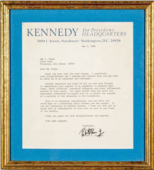 Letter for President Headquarters stationery - Robert Kennedy