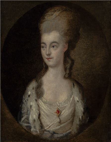 Portrait of a lady, traditionally identified as Miss Sparrow, but possibly H.R.H. Duchess of Gloucester and Edinburgh (1736-1807), half-length in a painted oval, wearing an ermine trimmed blue gown by Thomas Gainsborough