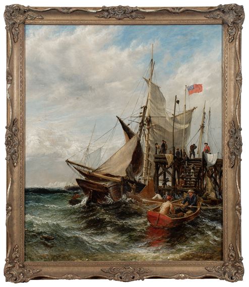 Henry Thomas Dawson | Boats by a jetty on a windy day (1865