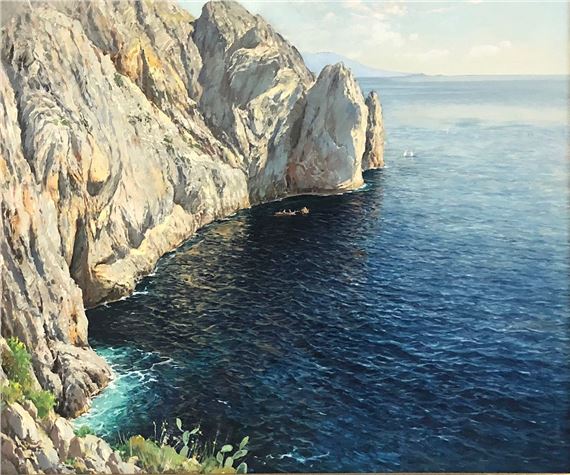 A serene coastal landscape featuring towering cliffs and deep blue waters.