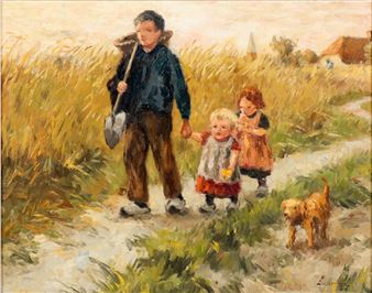 Vader met kinderen in landschap - Eduard van Bommel