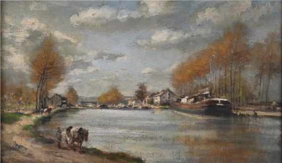 RIVER LANDSCAPE WITH DRAFT HORSES by Marie-Abraham Rosalbin de Buncey