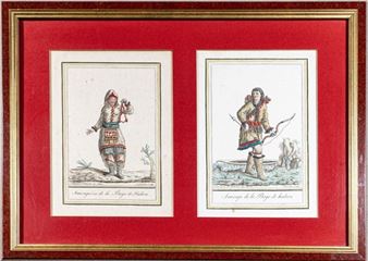 ORIGINAL COPPER ENGRAVING ON PAPER HAND-COLOURED
TITLED "SAUVAGESSE DE LA BAYE DE HUDSON" (SAVAGE WOMAN OF HUDSON BAY) AND "SAUVAGE DE LA BAYE DE HUDSON" (SAVAGE MAN OF HUDSON BAY) - Jean-baptiste Grasset de Saint-sauveur
