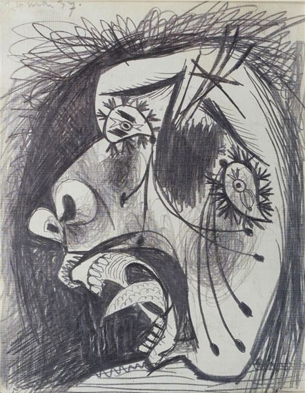 A black and white drawing of a woman's face.
