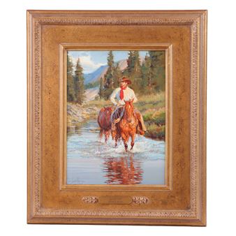 Clearfork depicting a cowboy riding his horse through a river - Scott Myers