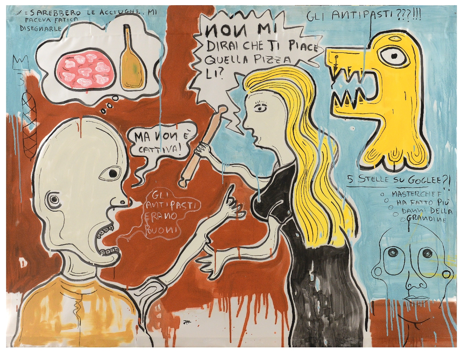 Artwork by Filippo Biagioli, Francesca and Davide discuss pizza, Made of mixed media on canvas