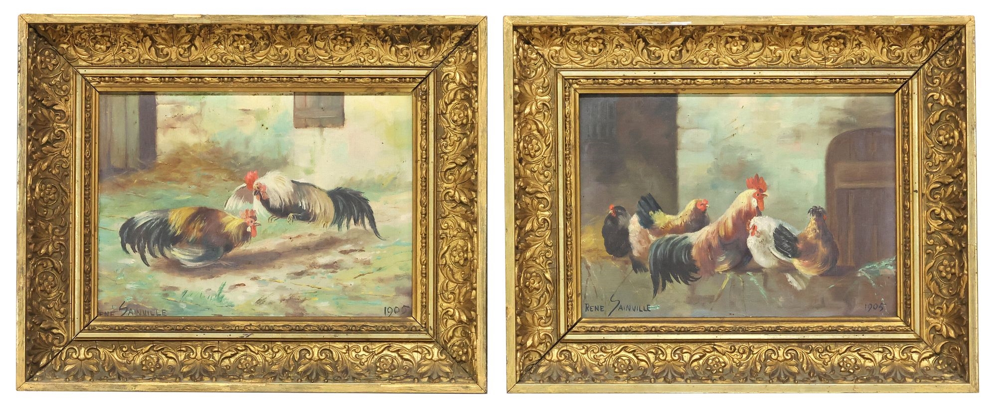 Artwork by René Sainville, Roosters and Hens, Made of oil on canvas board painting