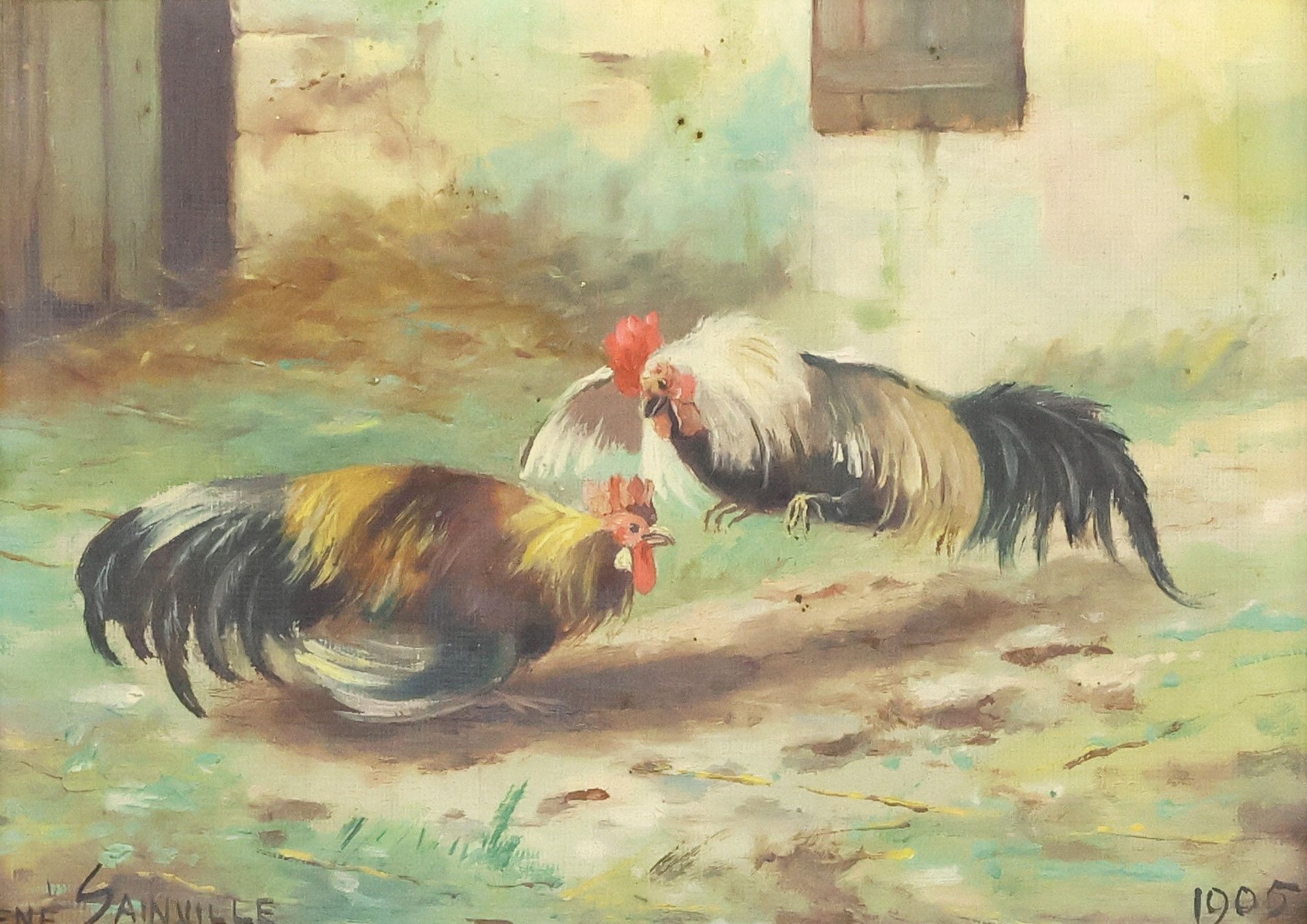 Artwork by René Sainville, Roosters and Hens, Made of oil on canvas board painting