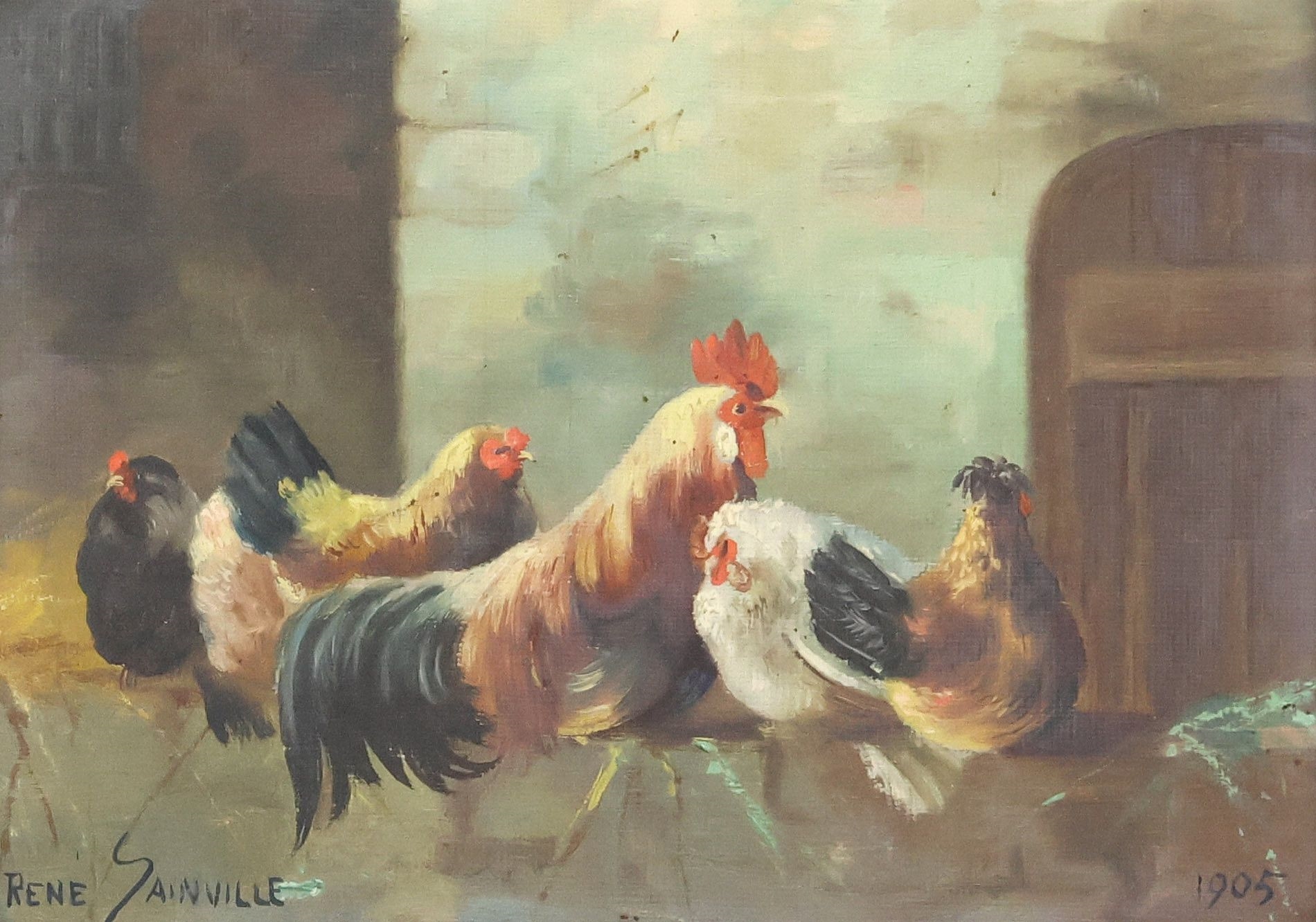 Artwork by René Sainville, Roosters and Hens, Made of oil on canvas board painting
