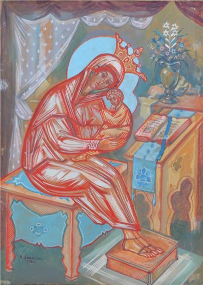 A stylized religious icon depicting a seated figure holding a child, rendered in bold reds and blues with a halo.