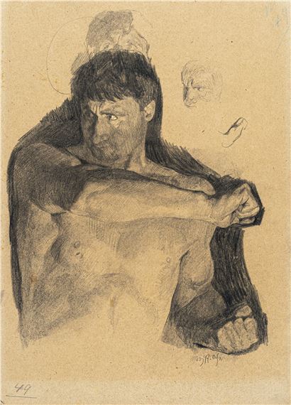 405   Otto Greiner, Männlicher Halbakt mit erhobenem Arm – Studie zu by Otto Greiner, 1897