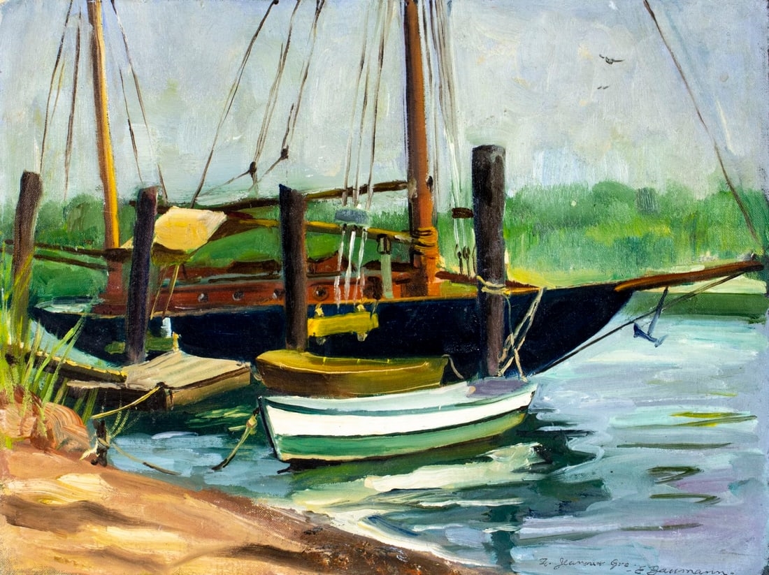 Artwork by Baumann, Harbor Scene, Made of oil on canvas board