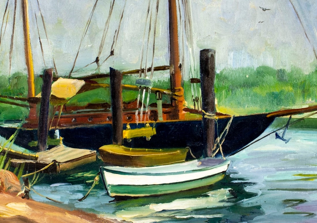 Artwork by Baumann, Harbor Scene, Made of oil on canvas board